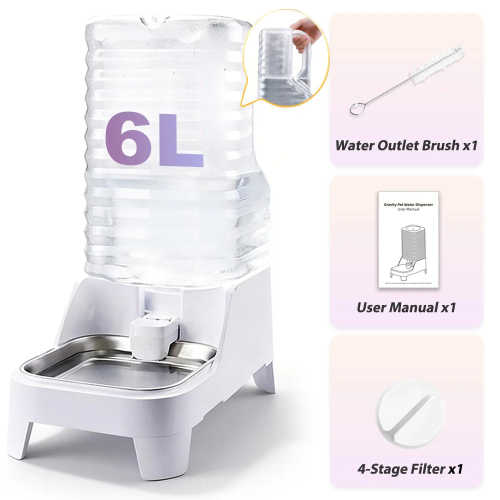 6L Gravity Pet Water Dispenser Large Capacity Automatic Dog Water Bowl