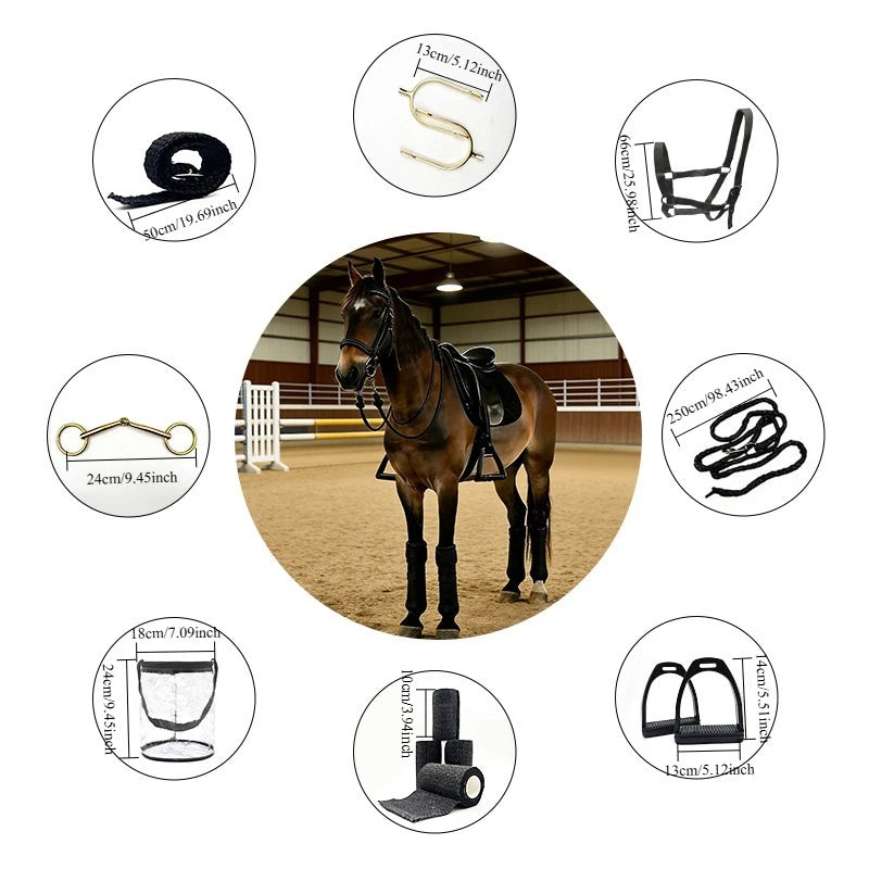 8 Pcs Pro Horse Tack Set – Bridle, Bit, Spurs, Stirrups, Leg Wraps, Lead Rope, Storage Bag, 3 Colors