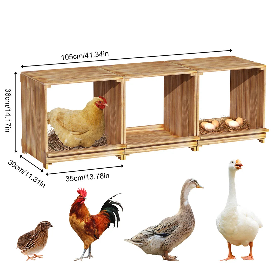 3-Compartment Pine Wood Chicken Nesting Box for Egg Laying Preventing Egg Falls