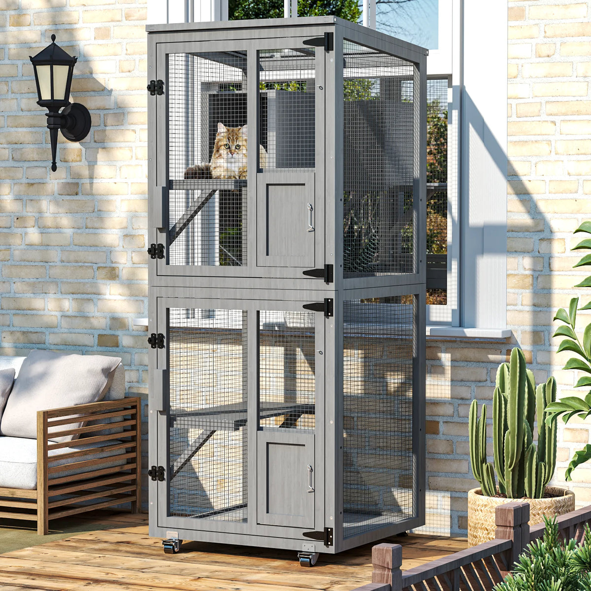 4-Tier Outdoor Cat Catio Enclosure, Large Cat Playpen with Wheels, Waterproof Roof,4 Doors & Resting Box