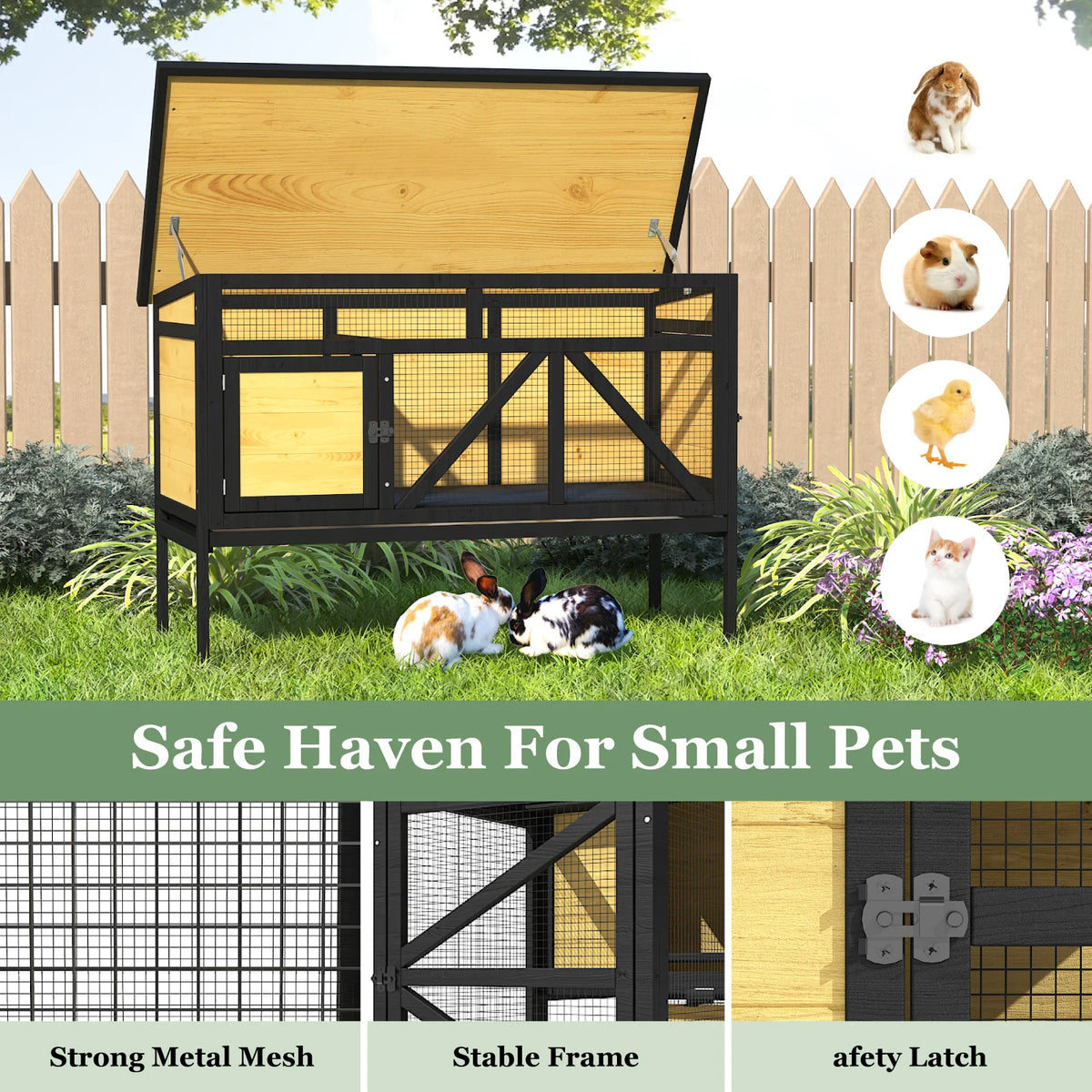 46.7" Elevated Small Animal Habitat with Double Doors, Leak-Proof Tray & Asphalt Roof - Whiskersnwigglesshop