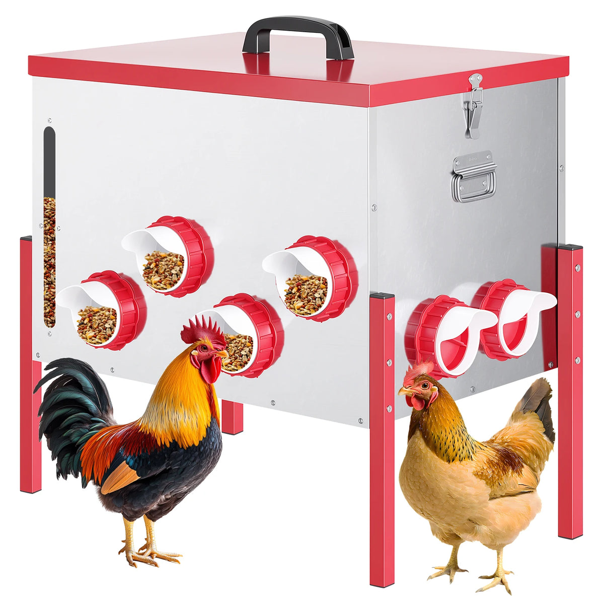 Automatic Chicken Feeder 130LBS Large Capacity 12 Anti-Waste Ports Metal Poultry Feeder with Height Adjustable Stand Waterproof Rodent Proof Feed Box with Lid Viewing Window