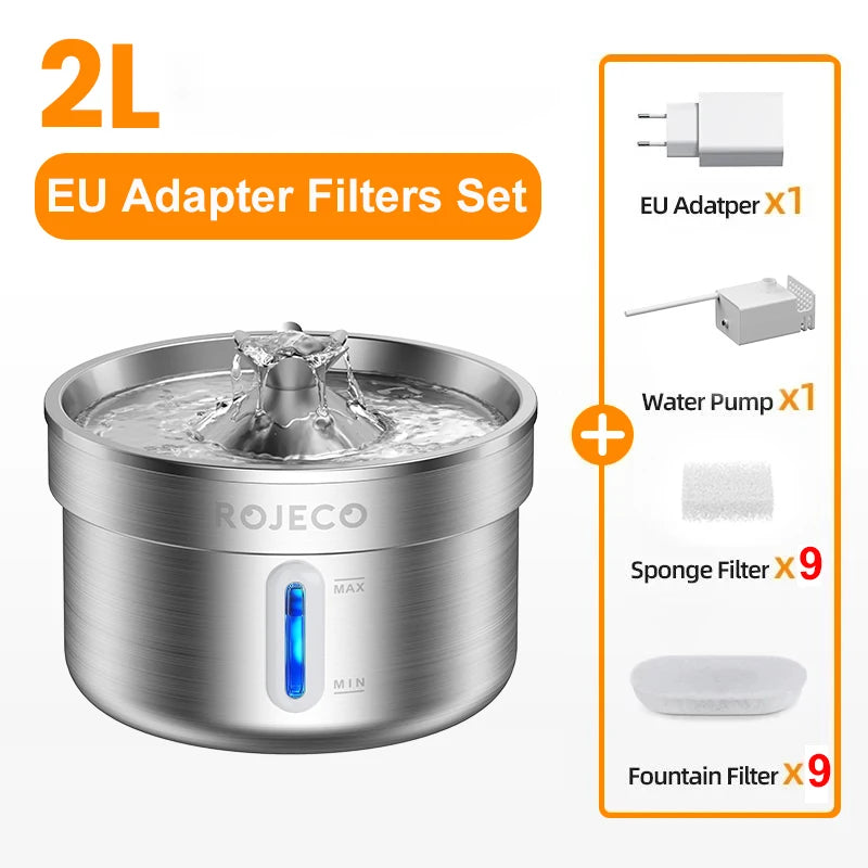 ROJECO Stainless Steel Pet Drinking Fountain Automatic Water Fountain Smart Pet Water Dispenser