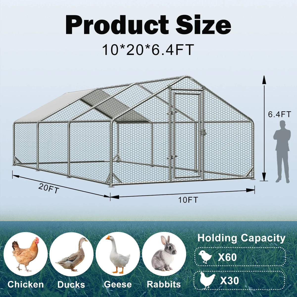 Large Chicken Coops for 20/30/50 Chickens,Outdoor Metal Walkin Poultry Cag with Cover Lockable Doors,Ducks Coop and Other Small Animals for Yard/Farm/Ranch (19.72'L x 9.88'W x 6.59'H)