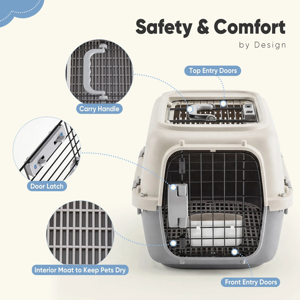 JHK 23Inch Pet Carrier for Small Dogs Cats Front & Top Load Wire Door Food Bowl Travel Crate with Enhanced Security Latches