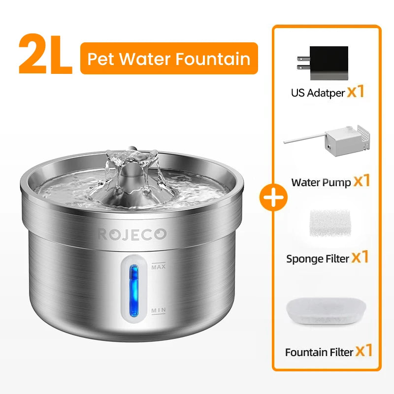 ROJECO Stainless Steel Pet Drinking Fountain Automatic Water Fountain Smart Pet Water Dispenser
