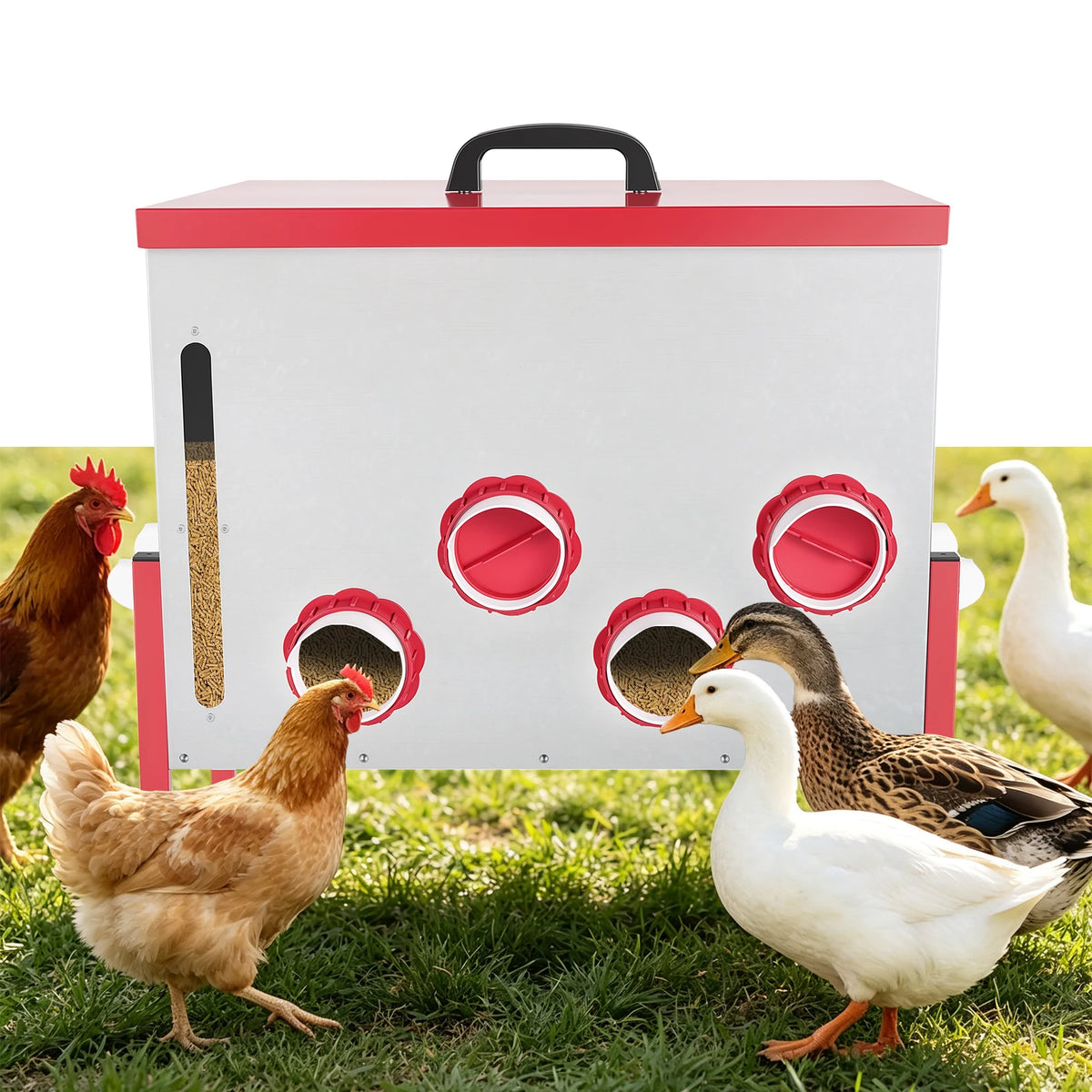 Automatic Chicken Feeder 130LBS Large Capacity 12 Anti-Waste Ports Metal Poultry Feeder with Height Adjustable Stand Waterproof Rodent Proof Feed Box with Lid Viewing Window