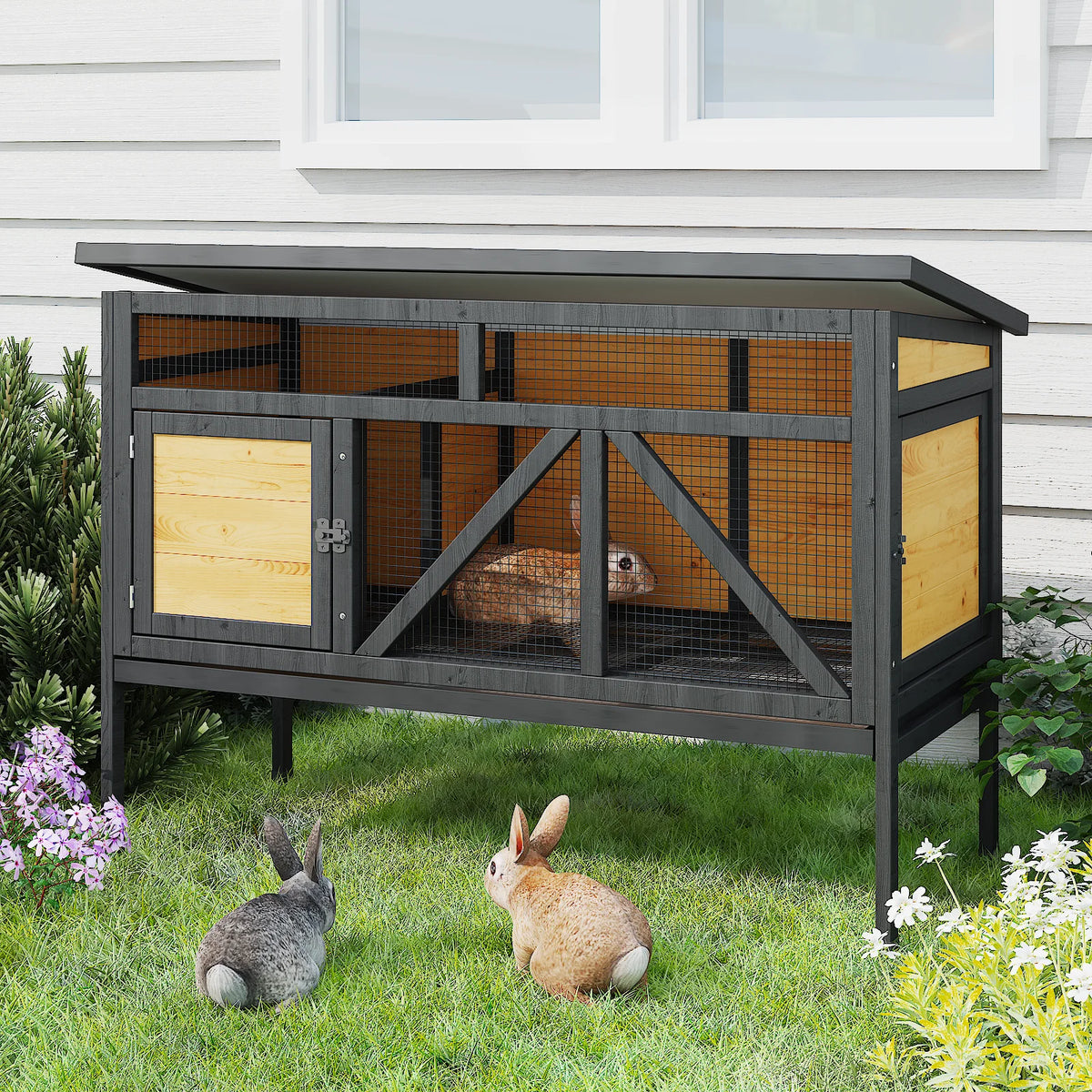 46.7" Elevated Small Animal Habitat with Double Doors, Leak-Proof Tray & Asphalt Roof - Whiskersnwigglesshop