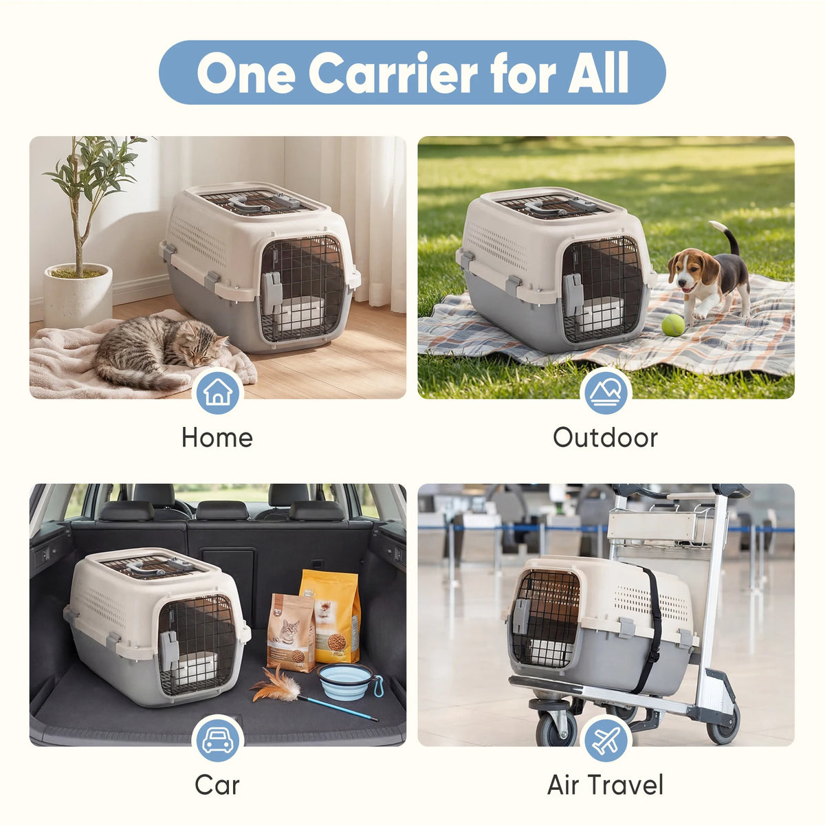 JHK 23Inch Pet Carrier for Small Dogs Cats Front & Top Load Wire Door Food Bowl Travel Crate with Enhanced Security Latches