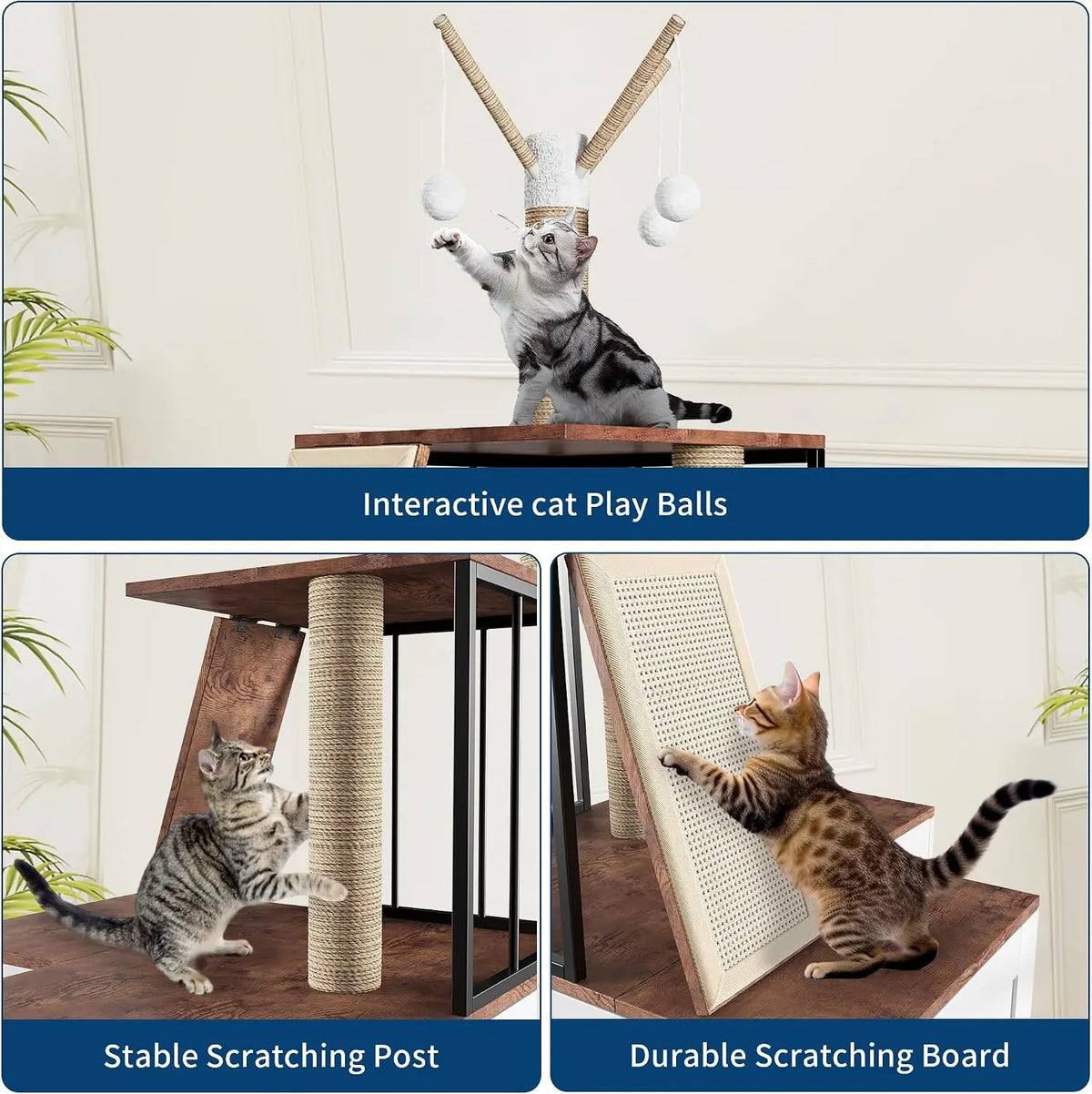 Garvee Wood L-Shaped Cat Corner Shelf Scratching Post & Play Tower 2 in 1 Wood Cat Activity Tree with Hanging Ball