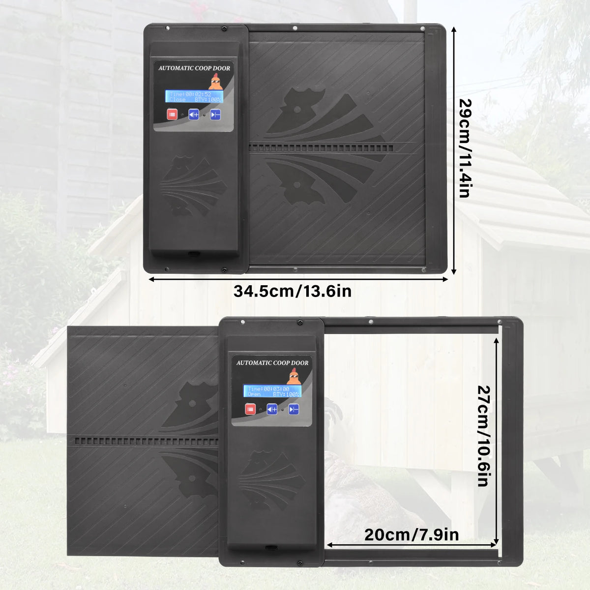 Automatic Chicken Coop Door Opener with Timer and LCD Screen, Anti-Pinch Safety Electric Poultry Door, Battery Powered USB Charging Aluminum Coop Door with Manual/Timer Dual Mode for Outdoor Farm Chicken House