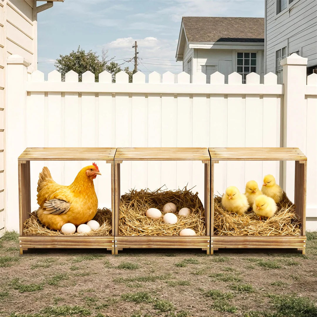 3-Compartment Pine Wood Chicken Nesting Box for Egg Laying Preventing Egg Falls