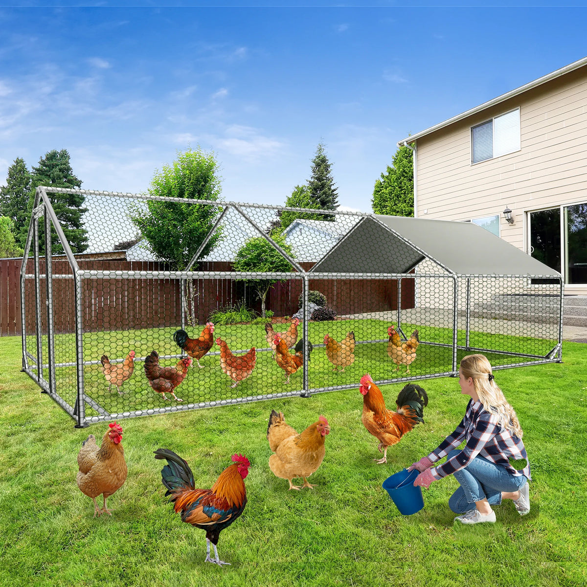 Large Chicken Coops for 20/30/50 Chickens,Outdoor Metal Walkin Poultry Cag with Cover Lockable Doors,Ducks Coop and Other Small Animals for Yard/Farm/Ranch (19.72'L x 9.88'W x 6.59'H)