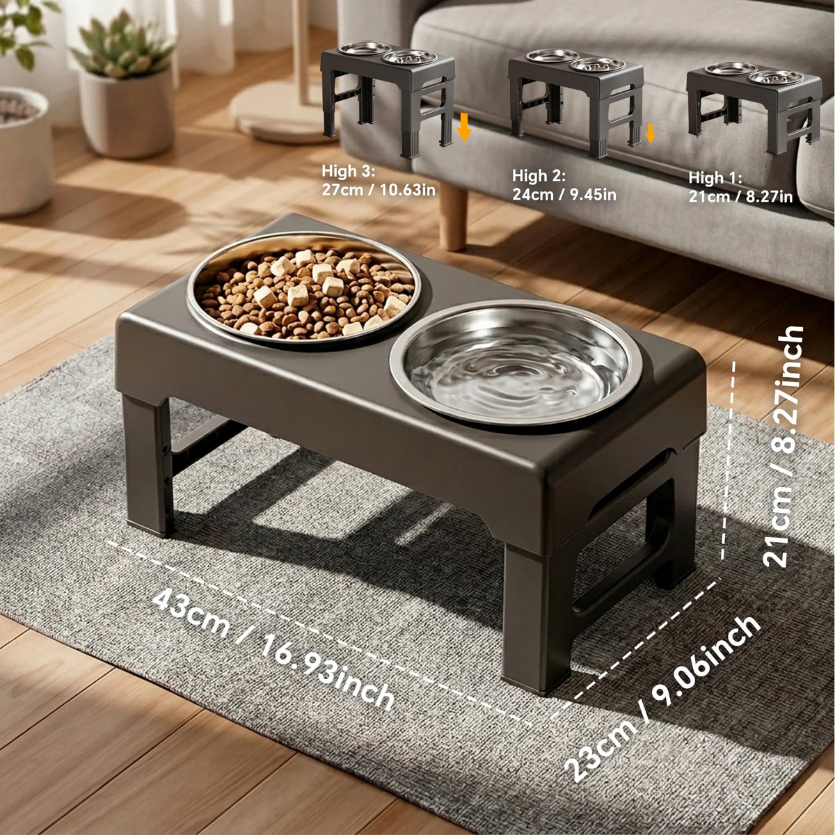 Raised Adjustable Height Dog Feeder with Non‑Slip Base Anti‑Spill Design and Slow‑Feed Bowl