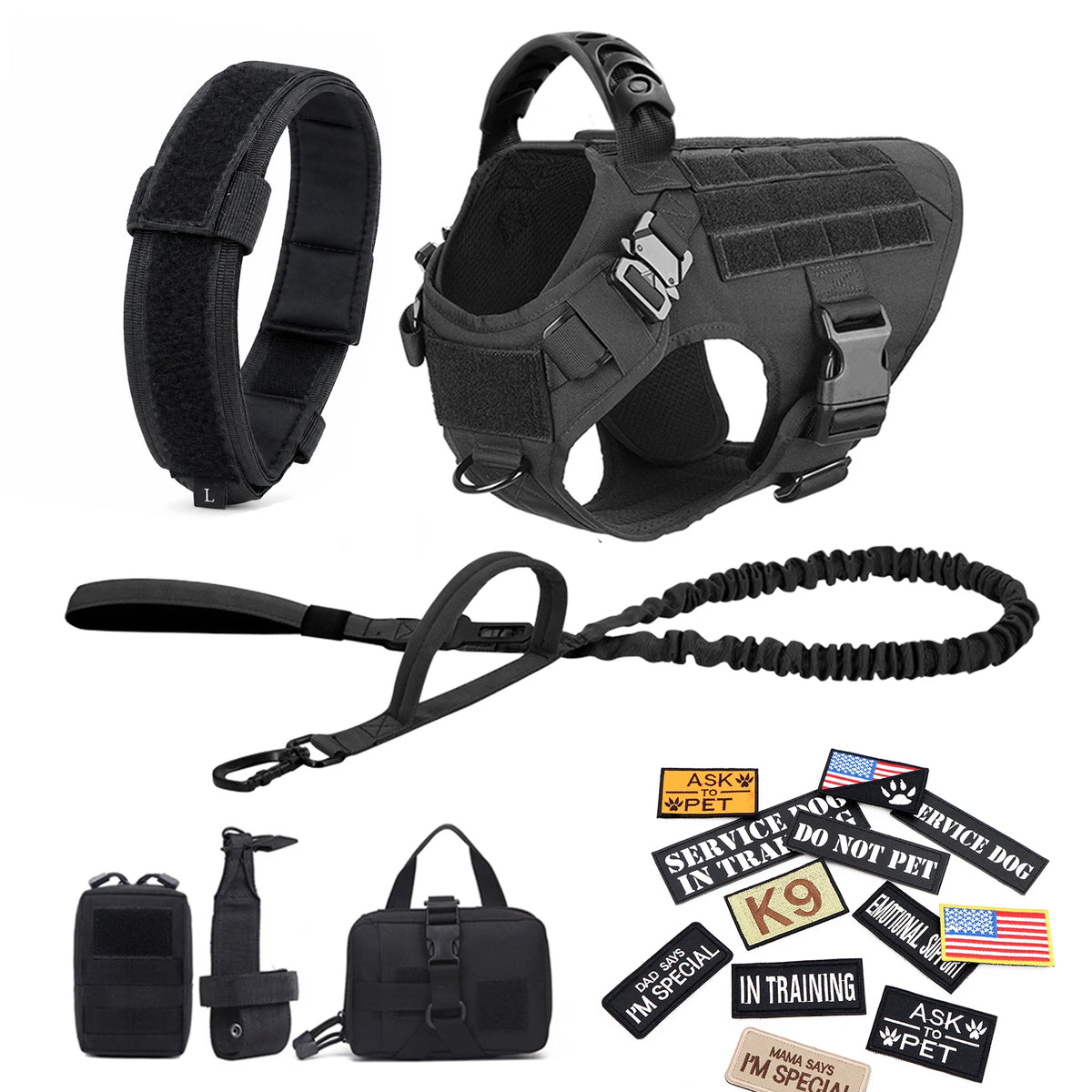 Military Style Dog Harness Collar, Leash, Bags and Patches Set