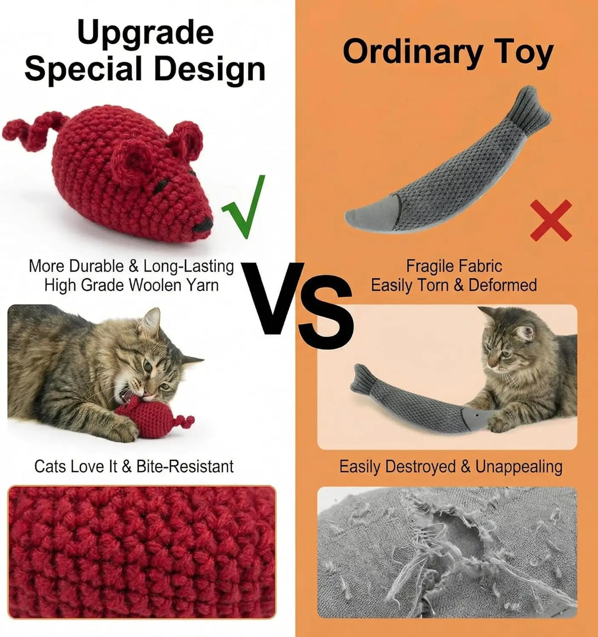 Catnip Crochet Mice Cat Toys, 3 Pcs Handmade Durable Yarn Mice Toys with Natural Catnip & Silvervine, Interactive Kitten Chew Kicker Toy for Teeth Cleaning & Anxiety Relief