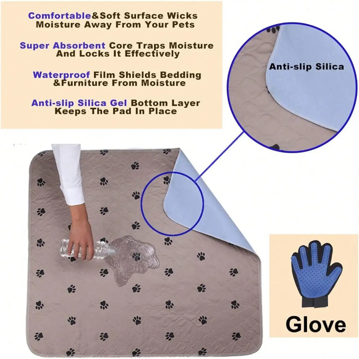 Super Absorbing Waterproof Pet Training Pads for Dog Bed Mat with Puppy Grooming Gloves Washable/Reusable