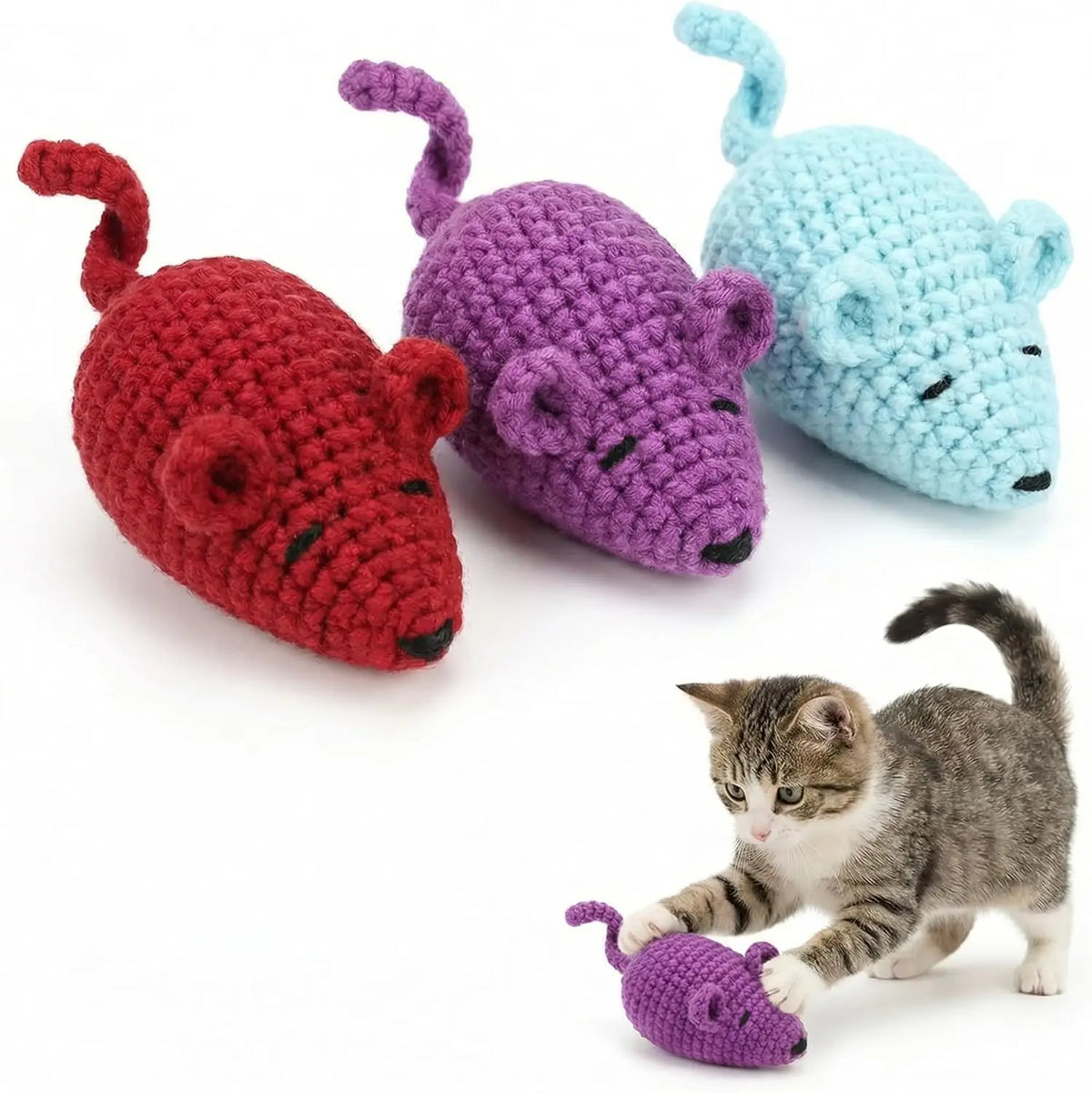 Catnip Crochet Mice Cat Toys, 3 Pcs Handmade Durable Yarn Mice Toys with Natural Catnip & Silvervine, Interactive Kitten Chew Kicker Toy for Teeth Cleaning & Anxiety Relief