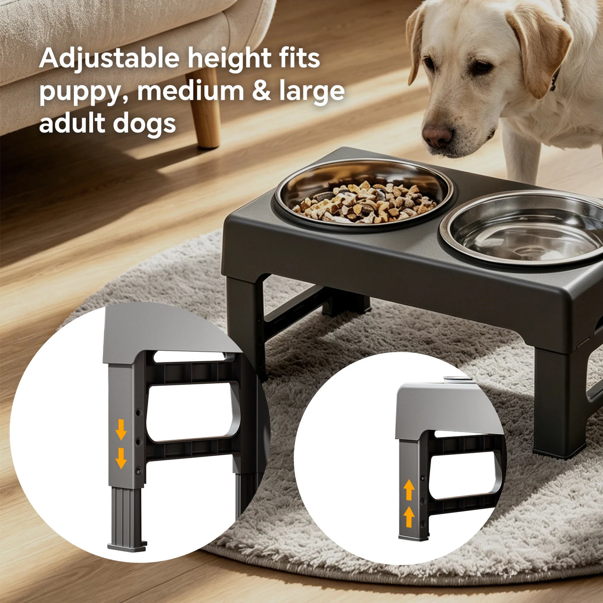 Raised Adjustable Height Dog Feeder with Non‑Slip Base Anti‑Spill Design and Slow‑Feed Bowl