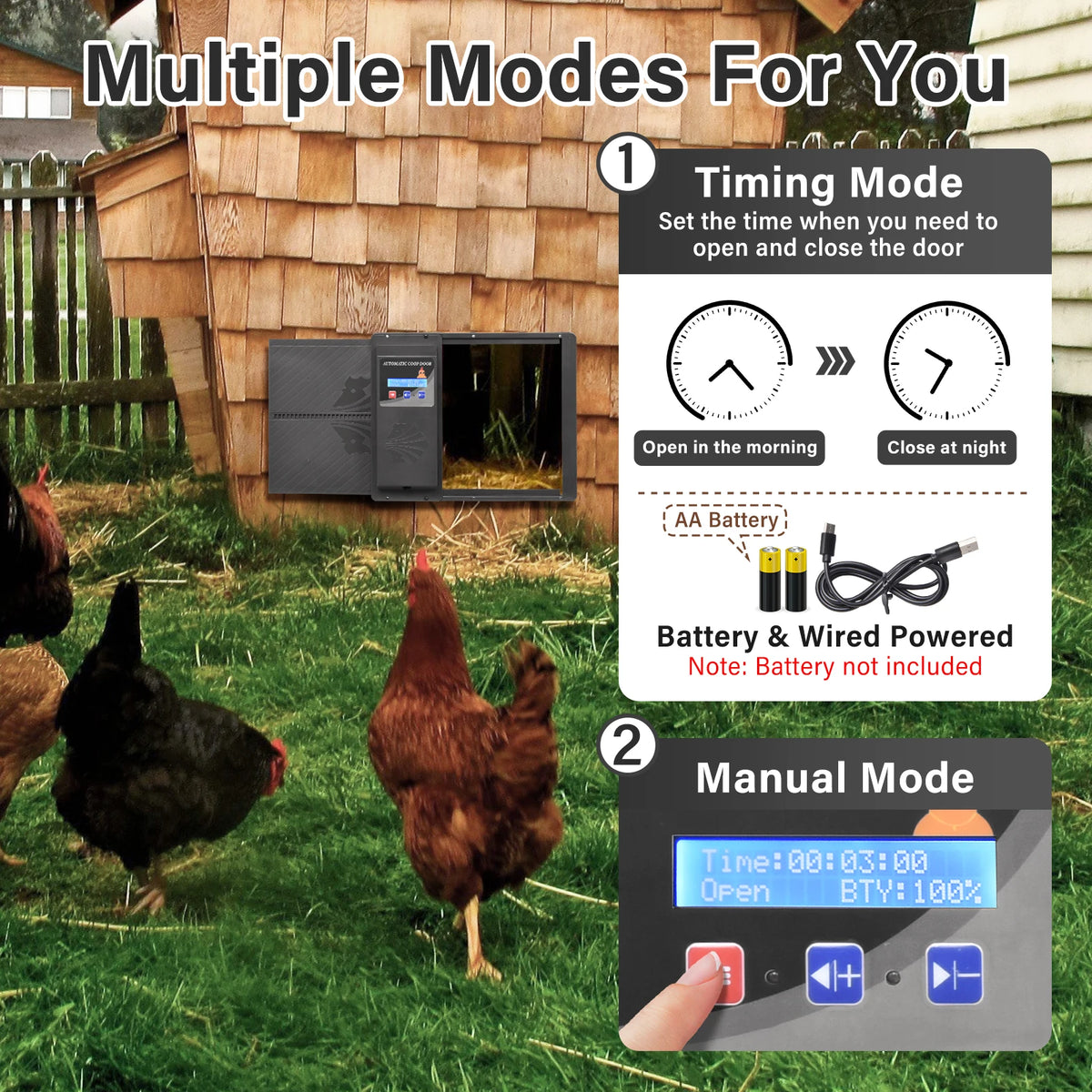 Automatic Chicken Coop Door Opener with Timer and LCD Screen, Anti-Pinch Safety Electric Poultry Door, Battery Powered USB Charging Aluminum Coop Door with Manual/Timer Dual Mode for Outdoor Farm Chicken House