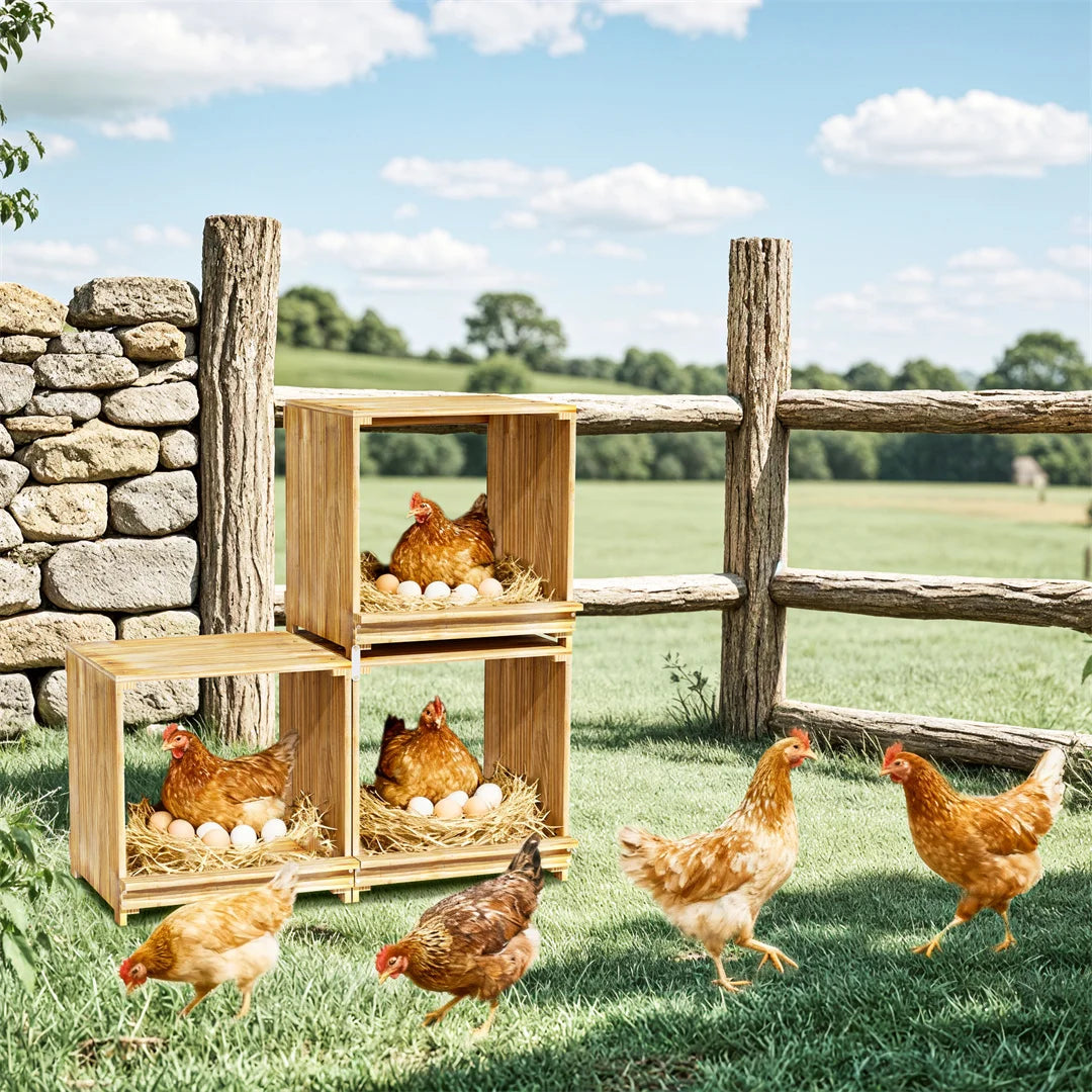3-Compartment Pine Wood Chicken Nesting Box for Egg Laying Preventing Egg Falls