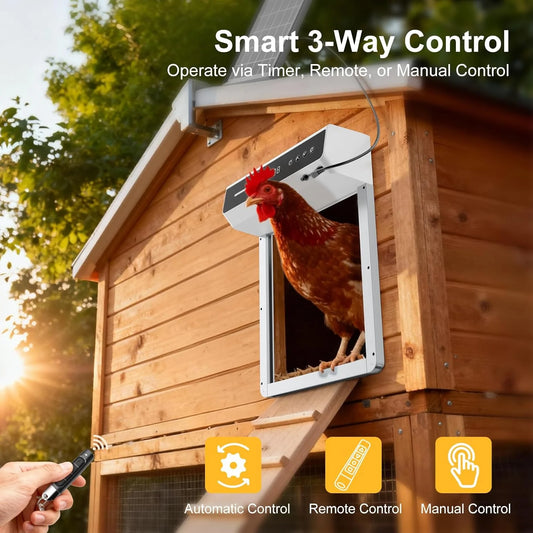 Solar Powered Chicken Coop Door Automatic Rolling Shutter Door with LCD Display Screen, Light Sensing Timed Pet Door,Support USB Charging Auto Open Close Chicken Door for Farm Backyard