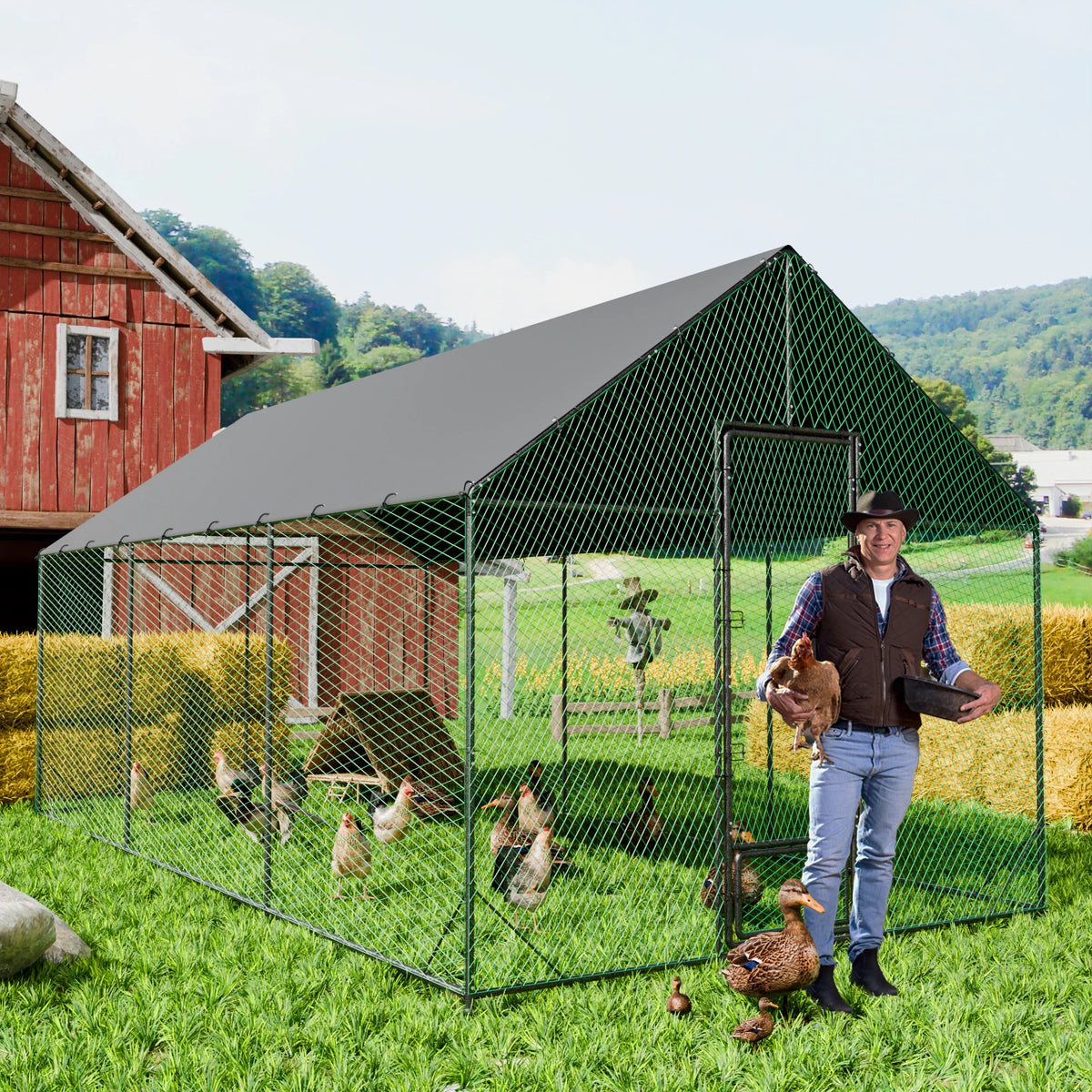 Upgraded Heavy Duty Metal Chicken Coop W/ Cover and Nylon Netting for Outdoor Backyard