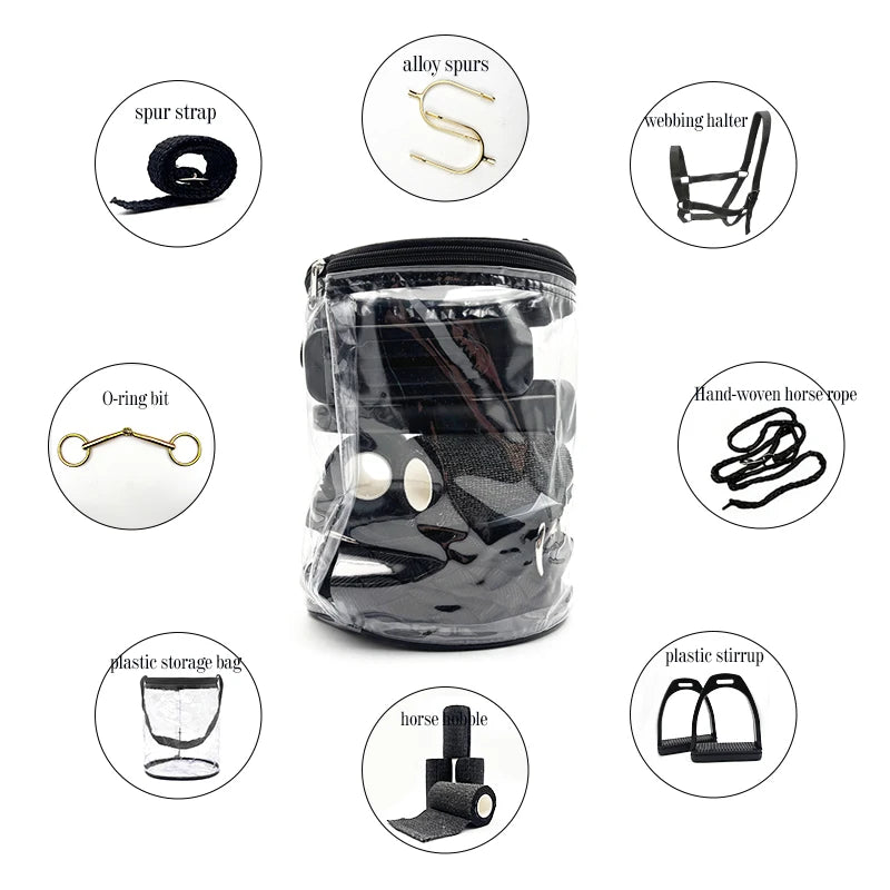 8 Pcs Pro Horse Tack Set – Bridle, Bit, Spurs, Stirrups, Leg Wraps, Lead Rope, Storage Bag, 3 Colors