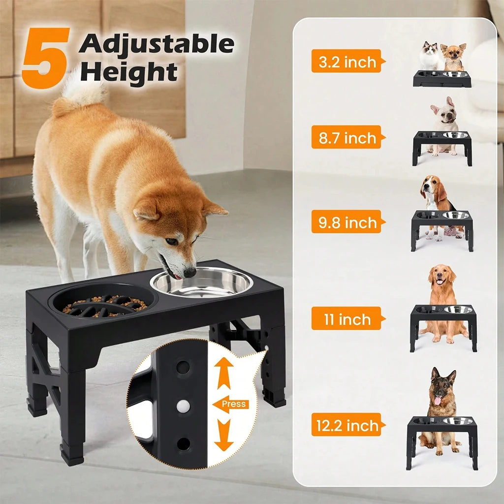4‑Height Adjustment Elevated Feeder with Slow Feeder & Double Stainless Steel Food & Water Bowls