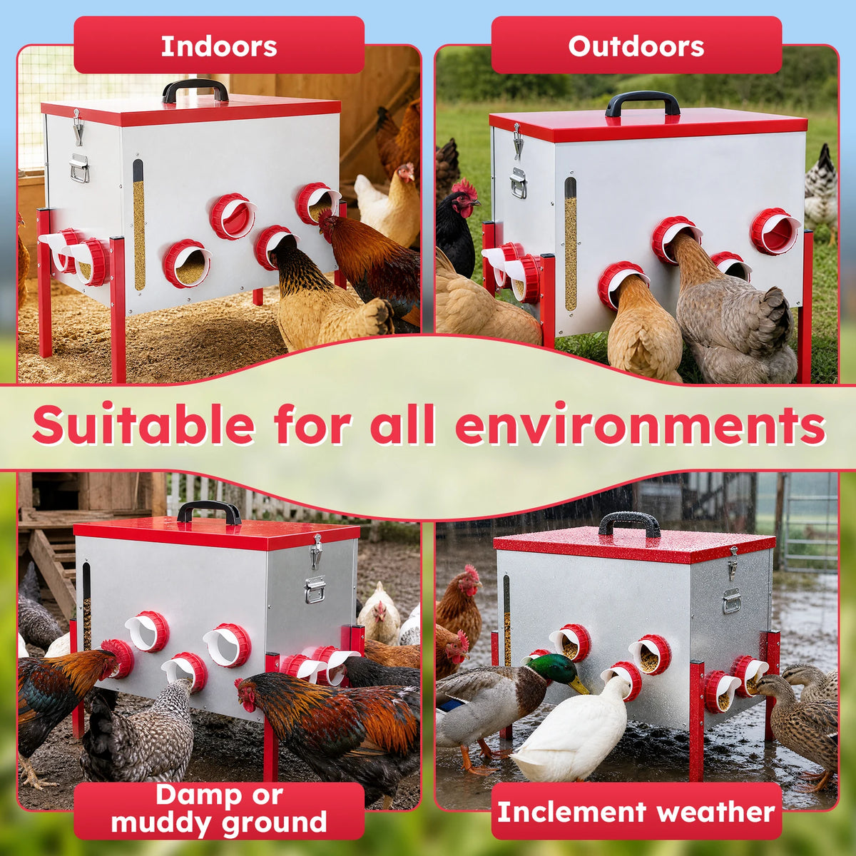 Automatic Chicken Feeder 130LBS Large Capacity 12 Anti-Waste Ports Metal Poultry Feeder with Height Adjustable Stand Waterproof Rodent Proof Feed Box with Lid Viewing Window