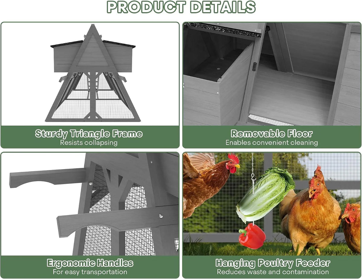 94.5" Wooden Chicken Coop, A-Frame Hen House with Carry Handles, Waterproof Roof & Removable Floor