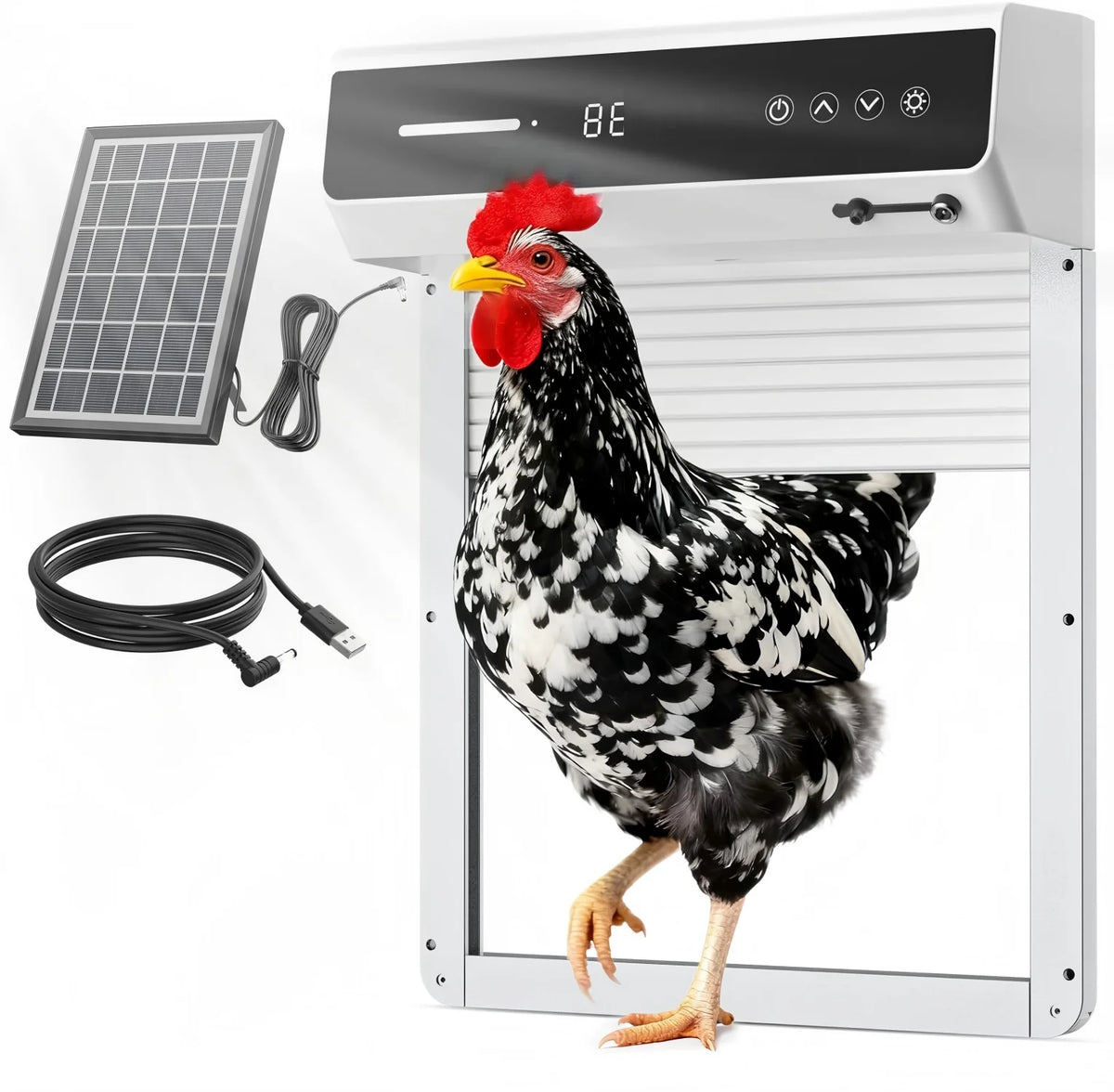 Solar Powered Chicken Coop Door Automatic Rolling Shutter Door with LCD Display Screen, Light Sensing Timed Pet Door,Support USB Charging Auto Open Close Chicken Door for Farm Backyard
