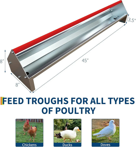 Livestock Feeding Trough Chicken Feeder 114cm Hay Feeder Metal Duck Feeder Galvanized Steel Poultry Feeder Trough with Drainage Holes & Rotatable Handle for Coop, Pigeon, Duck