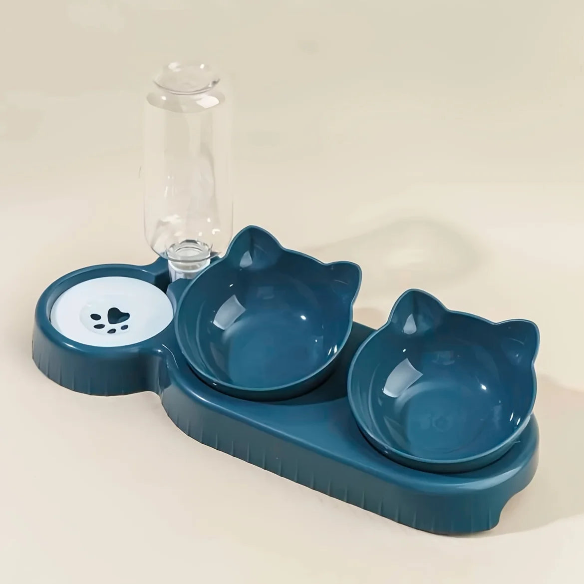 3 In 1 Ear Design Tilted Cat Water And Food Bowl Set With Gravity Water Bottle For Neck Protection