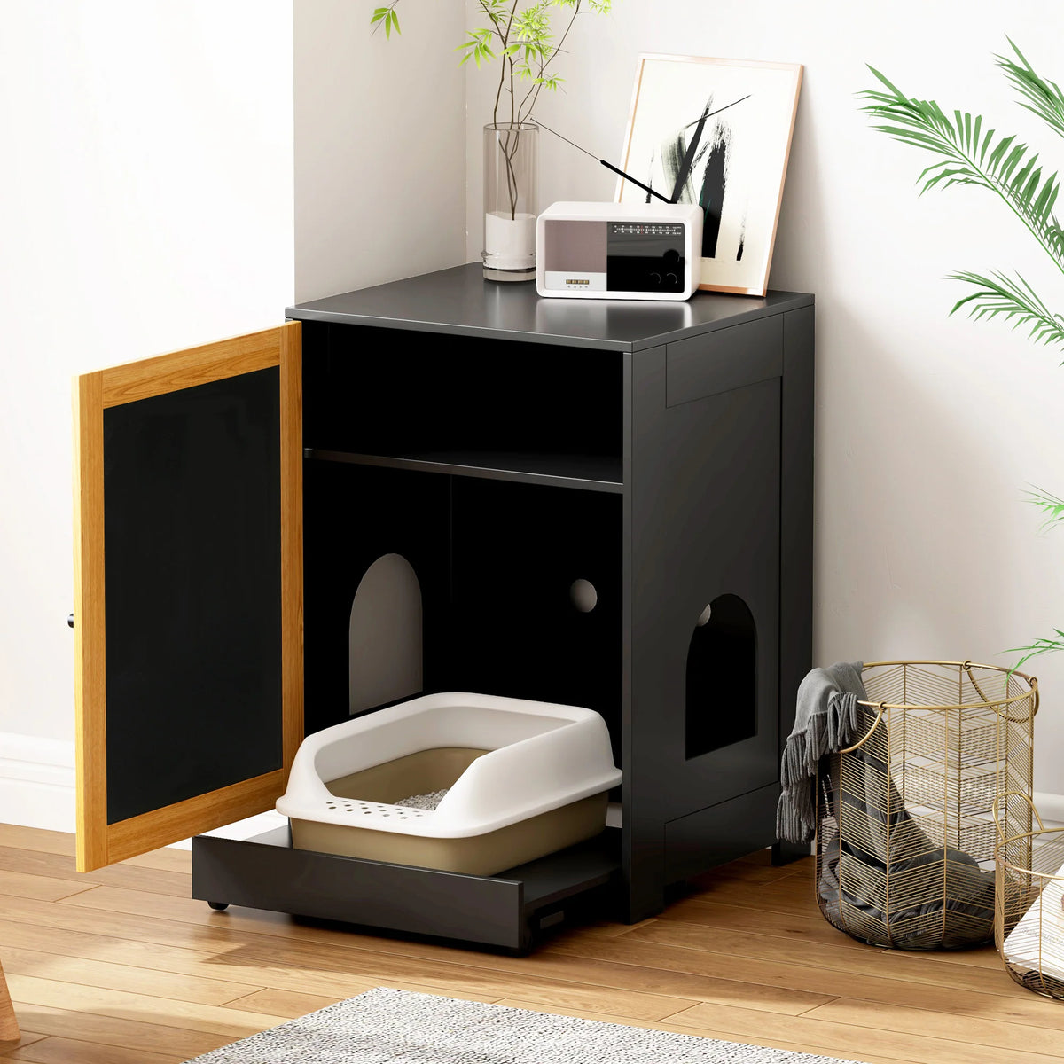 Black End Table with Cat Litter Box Enclosure with Sisal Scratching Door - Whiskersnwigglesshop
