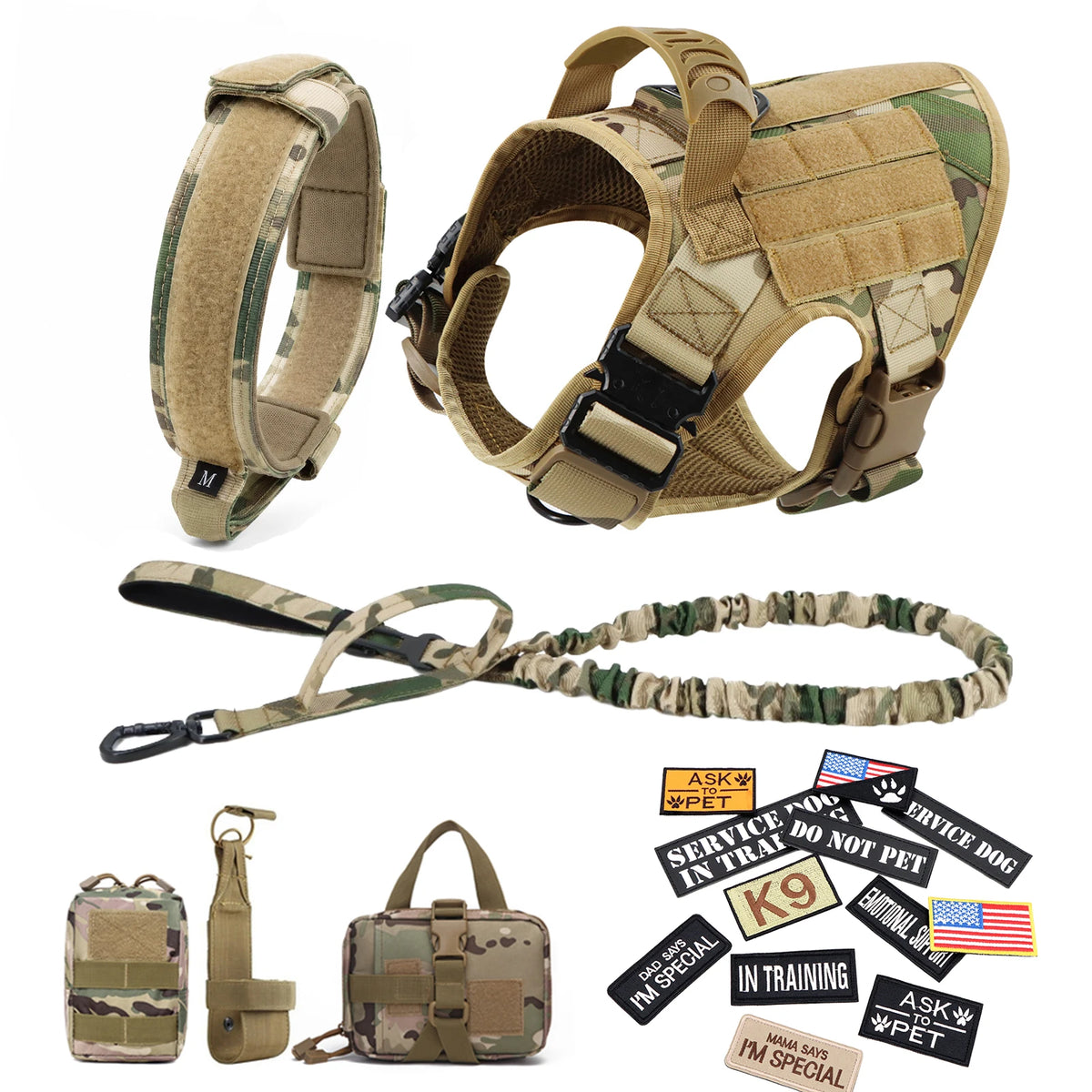 Military Style Dog Harness Collar, Leash, Bags and Patches Set