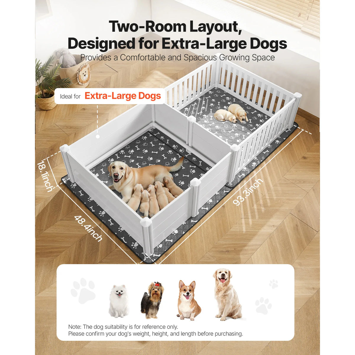 SucceBuy Dogs Whelping Box 93.3x48.4x18.1inch Plastic PVC Puppies Playpen with Height Adjustable Door