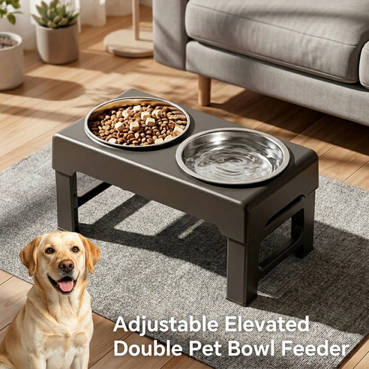 Raised Adjustable Height Dog Feeder with Non‑Slip Base Anti‑Spill Design and Slow‑Feed Bowl