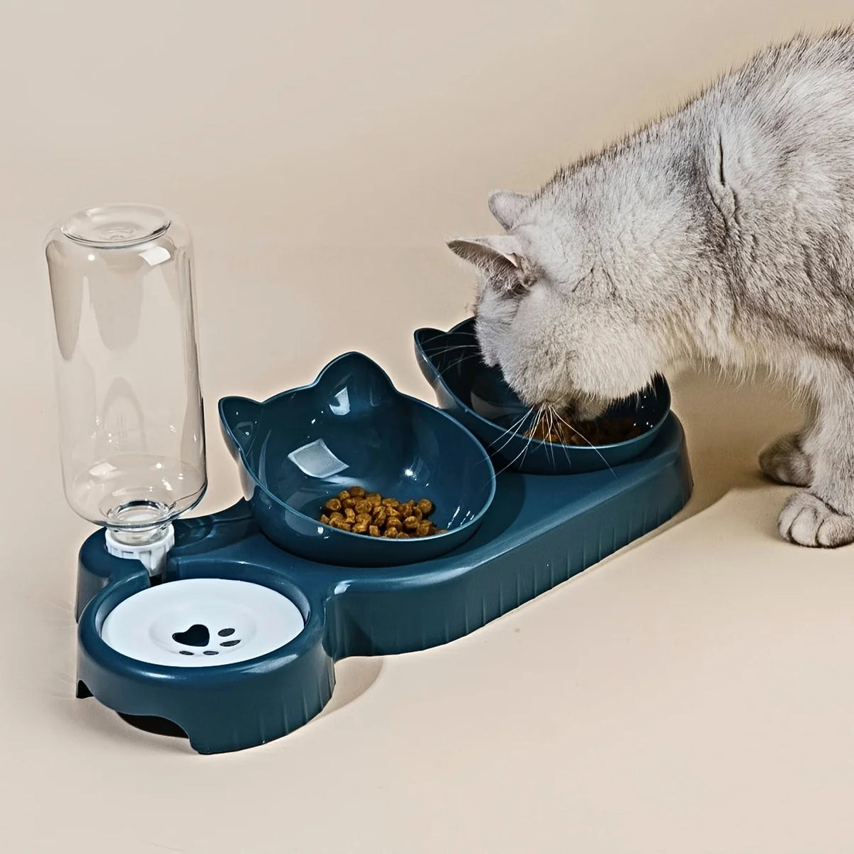 3 In 1 Ear Design Tilted Cat Water And Food Bowl Set With Gravity Water Bottle For Neck Protection