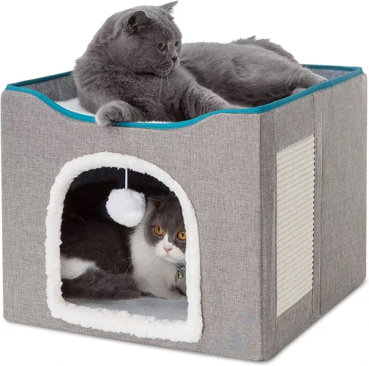 Large Foldable Cat Cave/Cat Hideaway With Fluffy Ball And Scratch Pad - Whiskersnwigglesshop