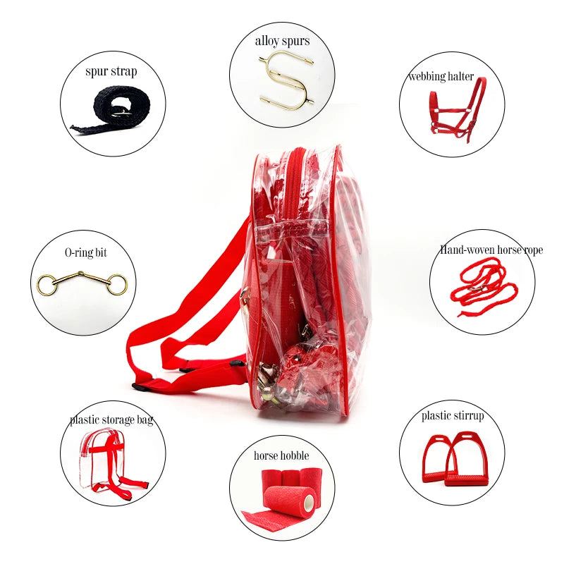 8 Pcs Pro Horse Tack Set – Bridle, Bit, Spurs, Stirrups, Leg Wraps, Lead Rope, Storage Bag, 3 Colors