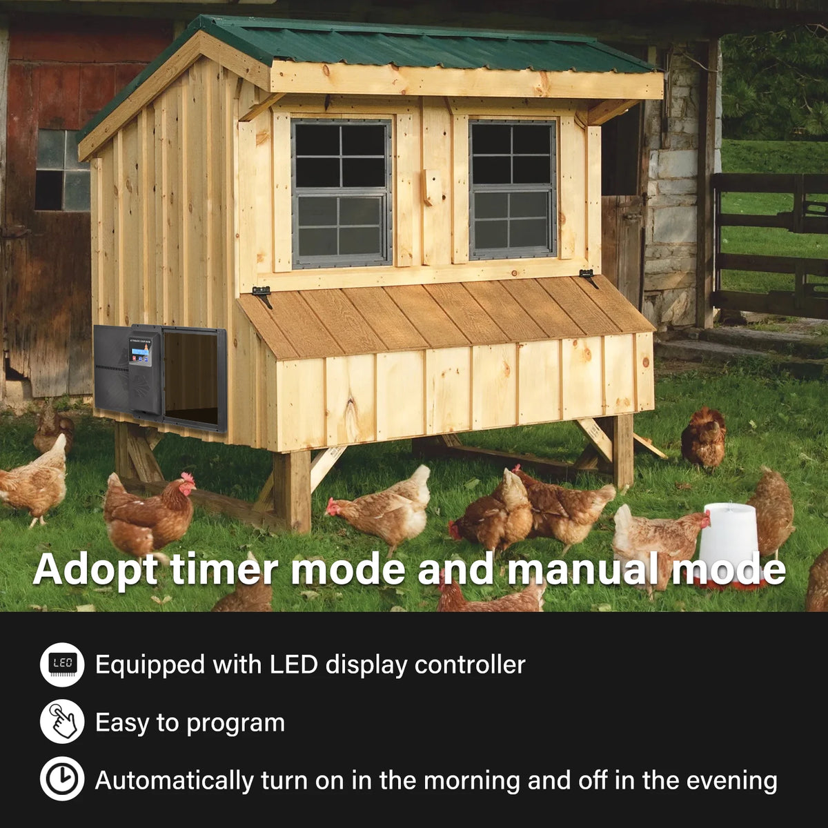 Automatic Chicken Coop Door Opener with Timer and LCD Screen, Anti-Pinch Safety Electric Poultry Door, Battery Powered USB Charging Aluminum Coop Door with Manual/Timer Dual Mode for Outdoor Farm Chicken House
