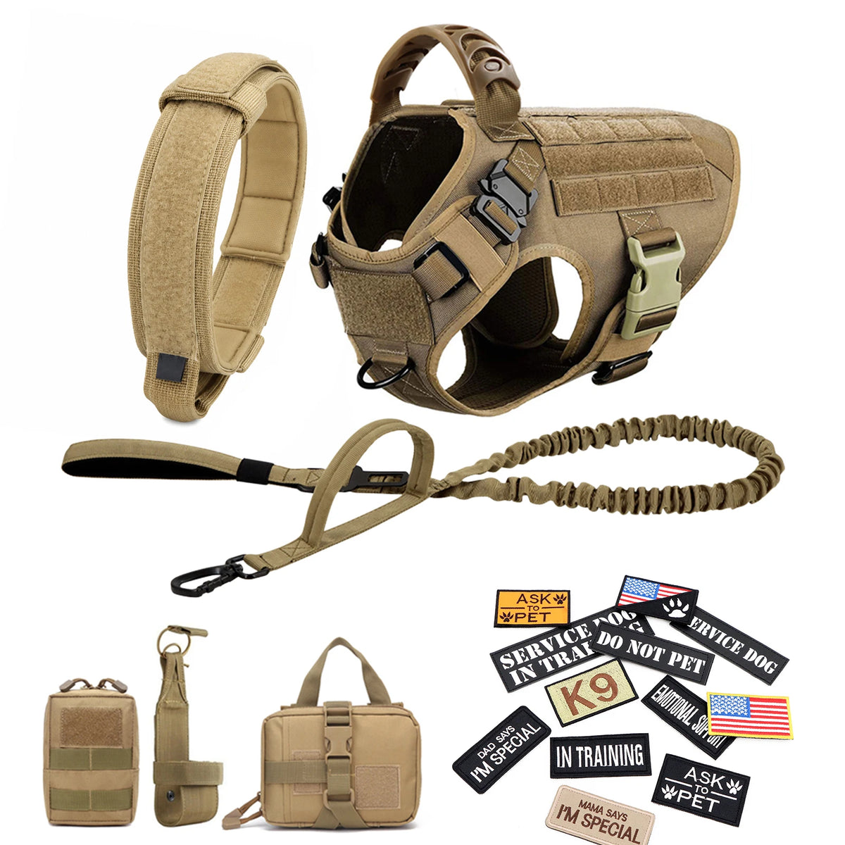 Military Style Dog Harness Collar, Leash, Bags and Patches Set