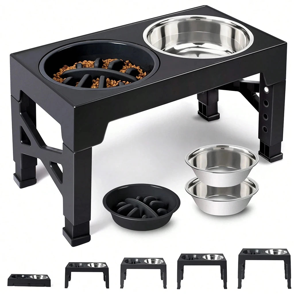 4‑Height Adjustment Elevated Feeder with Slow Feeder & Double Stainless Steel Food & Water Bowls