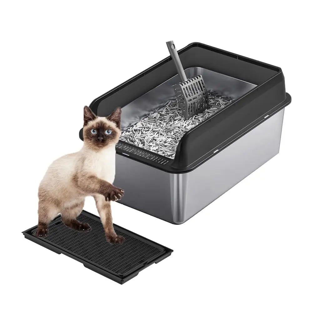 38L Large Stainless Steel Cat Litter Box with Double Layer Filter Mat, Non-Stick Bottom, Odor-Resistant and Includes Litter Scoop - Whiskersnwigglesshop