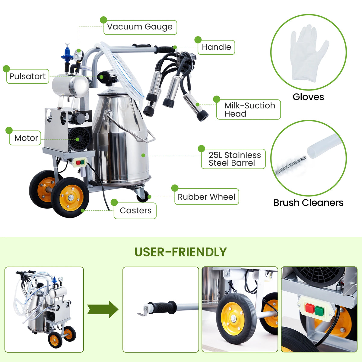 Portable Electric Milking Machine with 25L 304 Stainless Steel Bucket for Farm Use - Whiskersnwigglesshop
