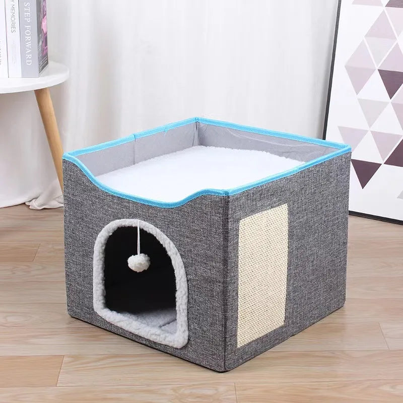 Large Foldable Cat Cave/Cat Hideaway With Fluffy Ball And Scratch Pad - Whiskersnwigglesshop