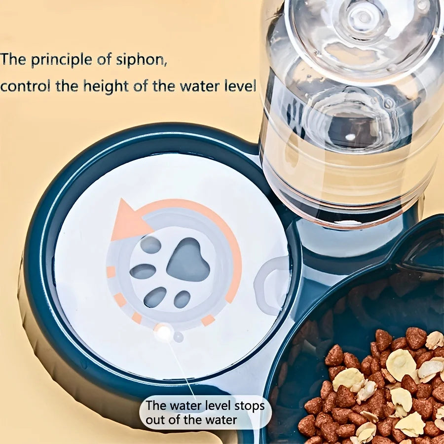 3 In 1 Ear Design Tilted Cat Water And Food Bowl Set With Gravity Water Bottle For Neck Protection