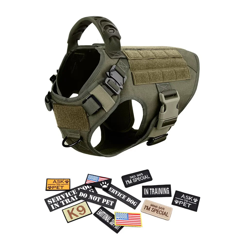 Military Style Dog Harness Collar, Leash, Bags and Patches Set