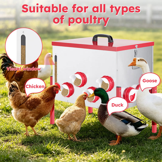 Automatic Chicken Feeder 130LBS Large Capacity 12 Anti-Waste Ports Metal Poultry Feeder with Height Adjustable Stand Waterproof Rodent Proof Feed Box with Lid Viewing Window